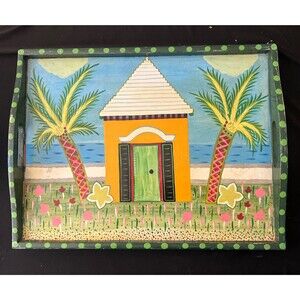 Barbara Finsness Signature Coll. BERMUDA COTTAGE WOODEN TRAY 17” x 13” Signed